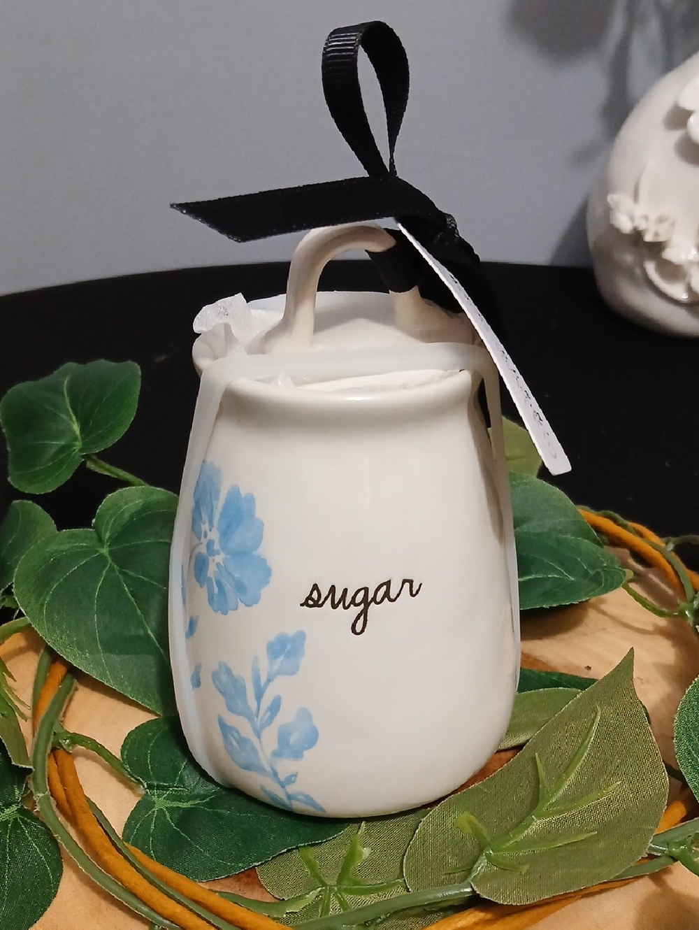 Rae Dunn white ceramic sugar jar with blue floral detail NWT